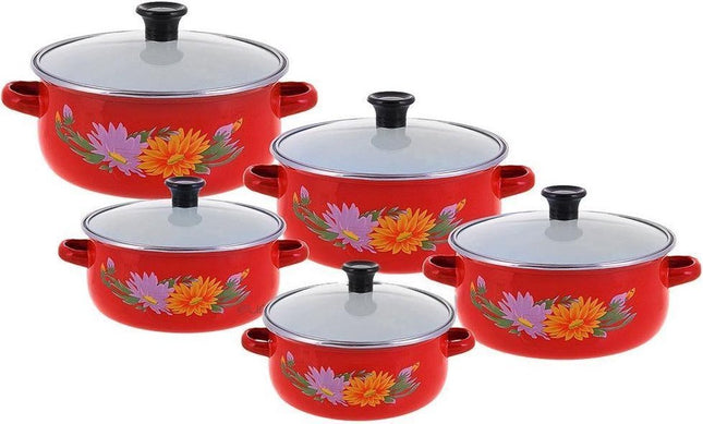 Batterie de cuisine 10 pièces - émail - rouge