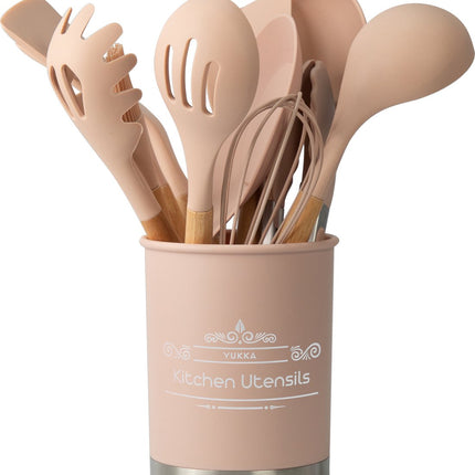 BIKO - Kookgerei - Keukengerei Kitchen Set - 14 delige set - Bamboe hout - Siliconen - BPA vrij - Roze