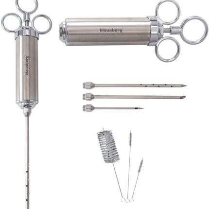 KLAUSBERG KB-7842 Seringue à marinade – Acier Inoxydable, 60 ml, Kit avec 3 Aiguilles & Accessoires - Accessoire Barbecue - Seringue à viande - Injecteur