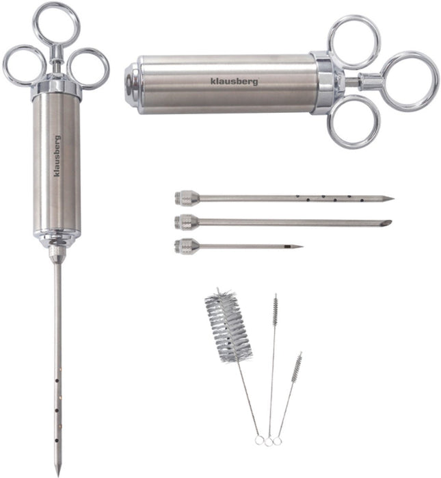 KLAUSBERG KB-7842 Seringue à marinade – Acier Inoxydable, 60 ml, Kit avec 3 Aiguilles & Accessoires - Accessoire Barbecue - Seringue à viande - Injecteur