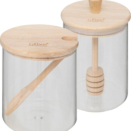 Ensemble de cinq pots à sucre et à miel - 400 ml - verre/bambou - transparent - avec cuillère