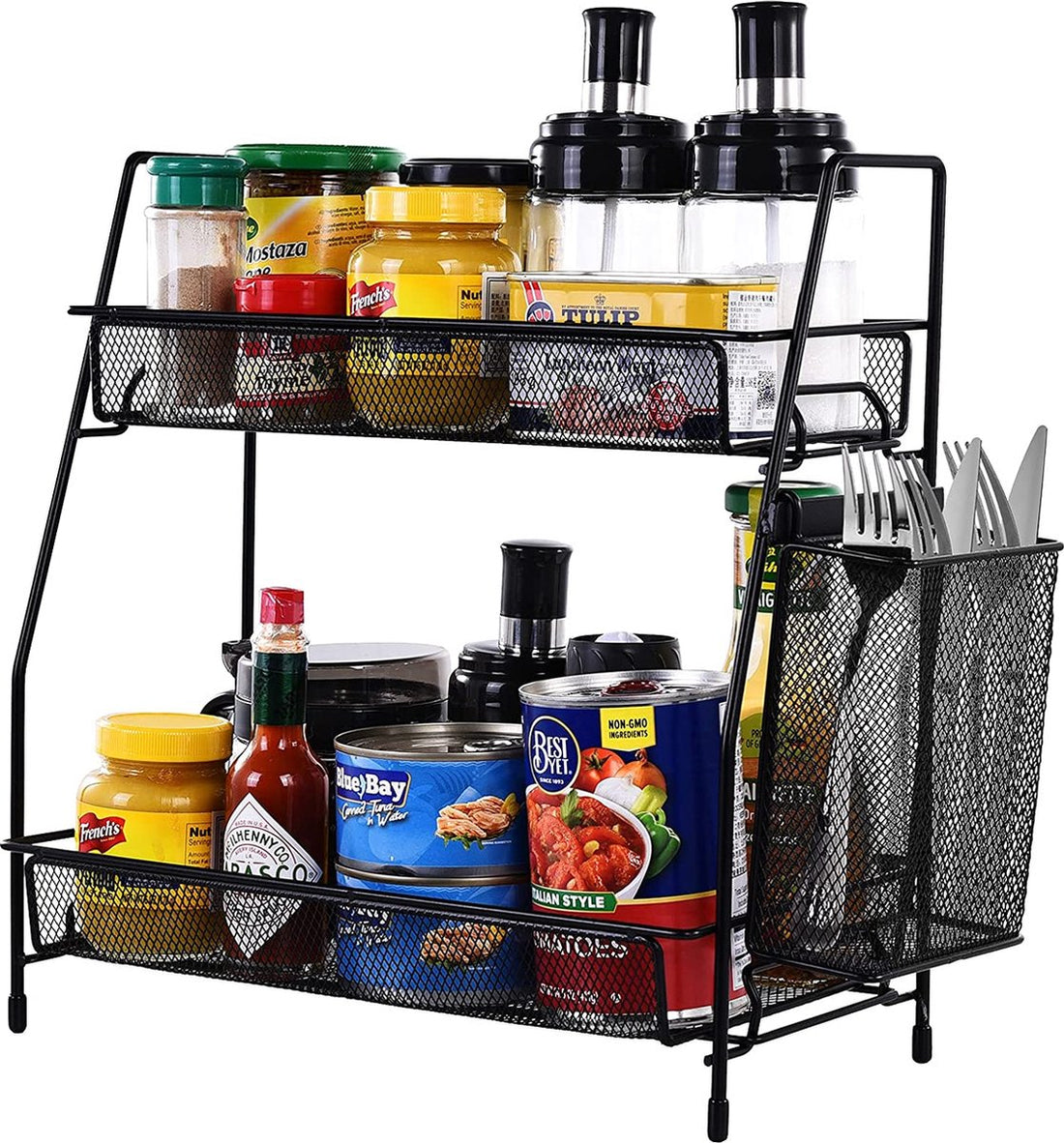 2-tier standing metal spice rack with large capacity and basket, mountable spice holder, fits most spice jars, spice rack organizer, spice rack