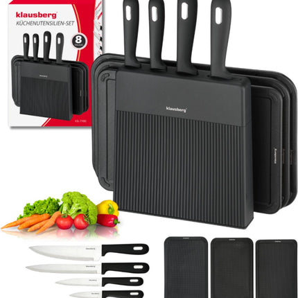 Klausberg KB-7980 Ensemble de Cuisine 8 Pièces - 4 Couteaux et 3 Planches à Découper avec Support de Rangement - Set de Couteaux Complet Noir - Bloc de Couteaux - Comprend Couteau de Chef, Couteau à Viande, 3 Planches à Découper