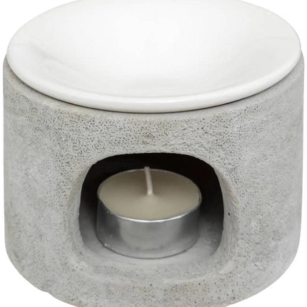 Brûleur de parfum en ciment et céramique - Brûleur à huile avec chauffe-bougie - Diamètre 11 cm, Hauteur 8 cm - Gris
