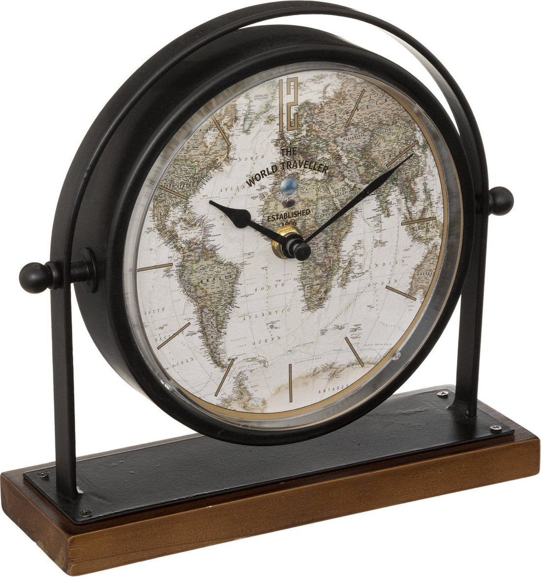 Atmosphera Tischuhr Earth Map - schwarz - H 21 cm - Ø Uhr 16 cm - Glas / Metall / MDF - auf Ständer