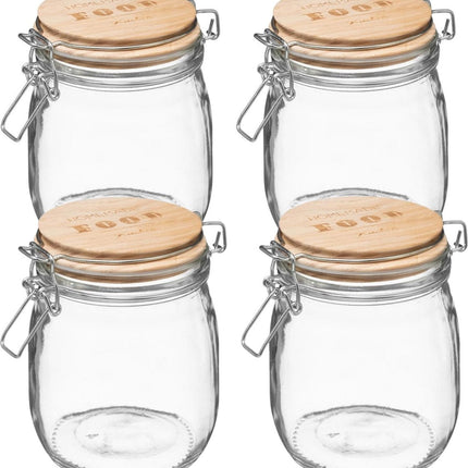 4 bocaux de conservation en verre de 0,75 L avec couvercle en bois et fermeture à étrier - 750 ml - Bocaux de conservation avec fermeture hermétique