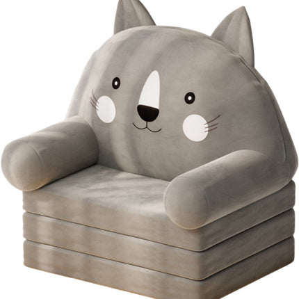 Chaise Haute Chat 3-en-1 - Fauteuil Pliant en Peluche pour Enfants - Transat Réglable pour Chambre d'Enfant - Gris - Siège Enfant - Canapé Enfant - Extensible - Canapé-lit - 120cm