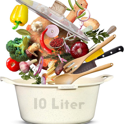 INTIGNIS® Faitout avec Couvercle – 32 cm (10 litres) – Revêtement Antiadhésif Céramique GREBLON – Compatible Induction, Gaz & Électrique – Couvercle en Verre Inclus - Blanc