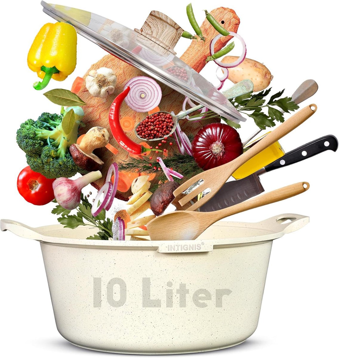 INTIGNIS® Schmortopf mit Deckel – 32 cm (10 Liter) – GREBLON Keramik-Antihaftbeschichtung – Geeignet für Induktion, Gas & Elektro – Inklusive Glasdeckel - Weiß