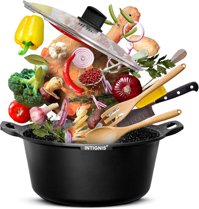 INTIGNIS® Faitout avec Couvercle – 36 cm (14 litres) – Revêtement Antiadhésif Céramique GREBLON – Compatible Induction, Gaz & Électrique – Couvercle en Verre Inclus