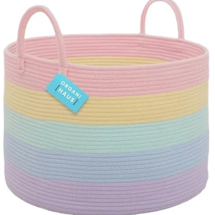 Panier de rangement en coton tissé arc-en-ciel - 50x35 cm - Panier à linge, panier à jouets ou panier de rangement - Design rayé arc-en-ciel (rose, jaune, vert, bleu, violet) - 100% coton - Boîte de rangement