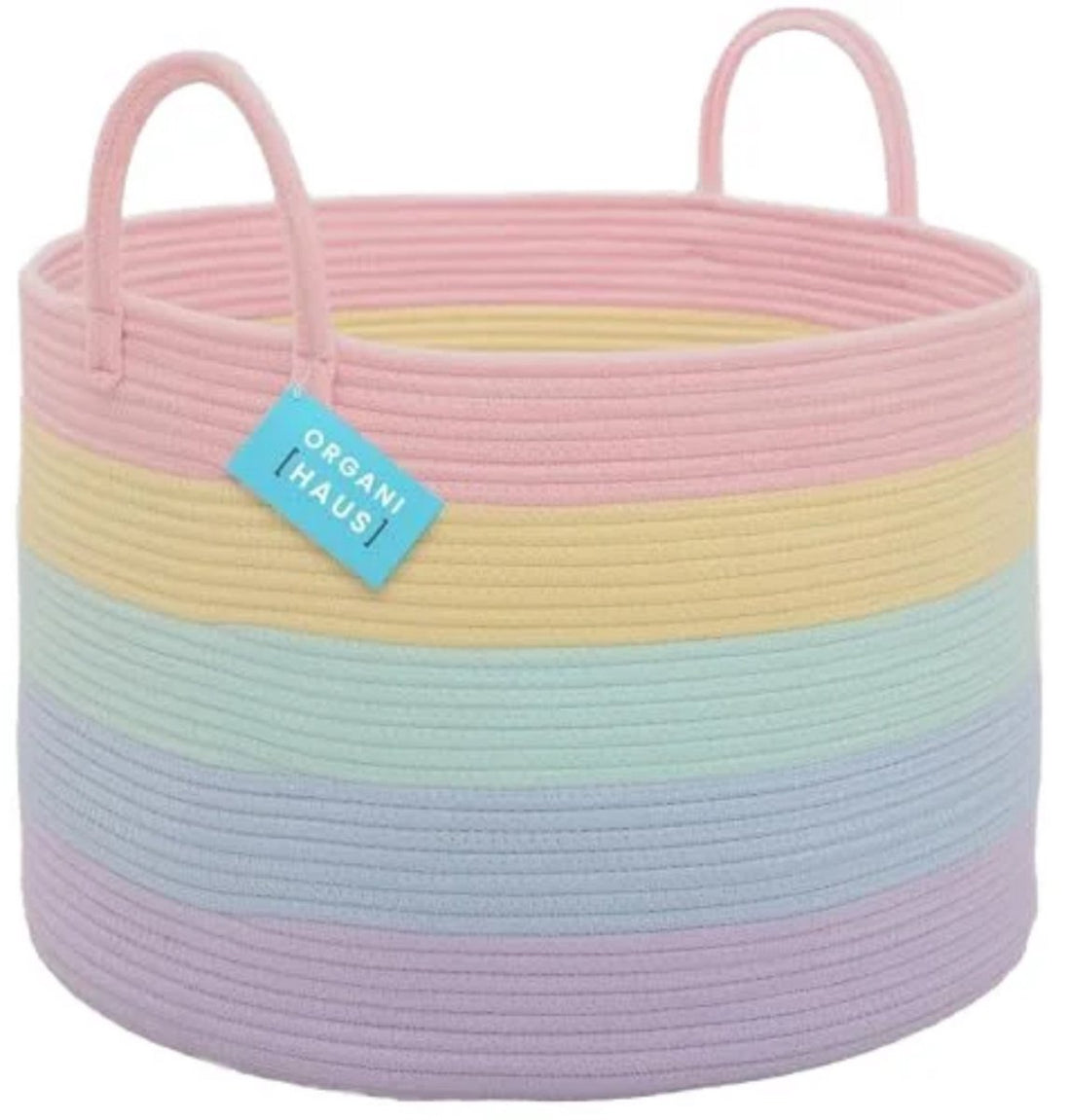 Rainbow Woven Cotton Storage Basket - 50x35 cm - Laundry Basket, Toy Basket or Storage Bin - Striped Rainbow Design (Pink, Yellow, Green, Blue, Purple) - 100% Cotton - Storage Box