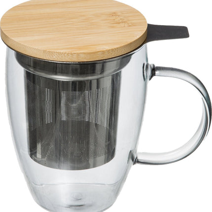 5Five Arha Mug à thé avec filtre - Sachet de thé - Avec couvercle en bambou - Tasse en verre avec anse