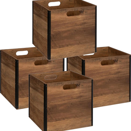 Lot de 4 paniers de rangement/paniers de placard 29 litres marron foncé en bois 31 x 31 x 31 cm - Boîtes de rangement - Paniers pour étagères modulables