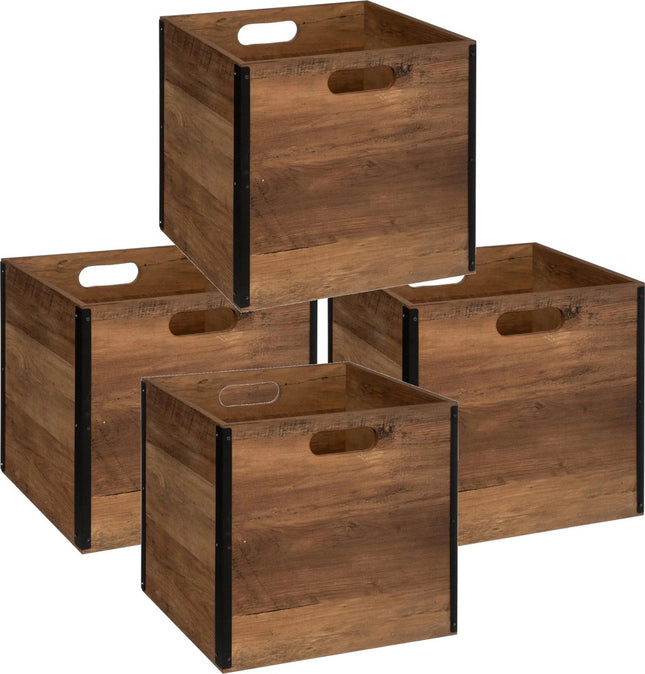 Lot de 4 paniers de rangement/paniers de placard 29 litres marron foncé en bois 31 x 31 x 31 cm - Boîtes de rangement - Paniers pour étagères modulables
