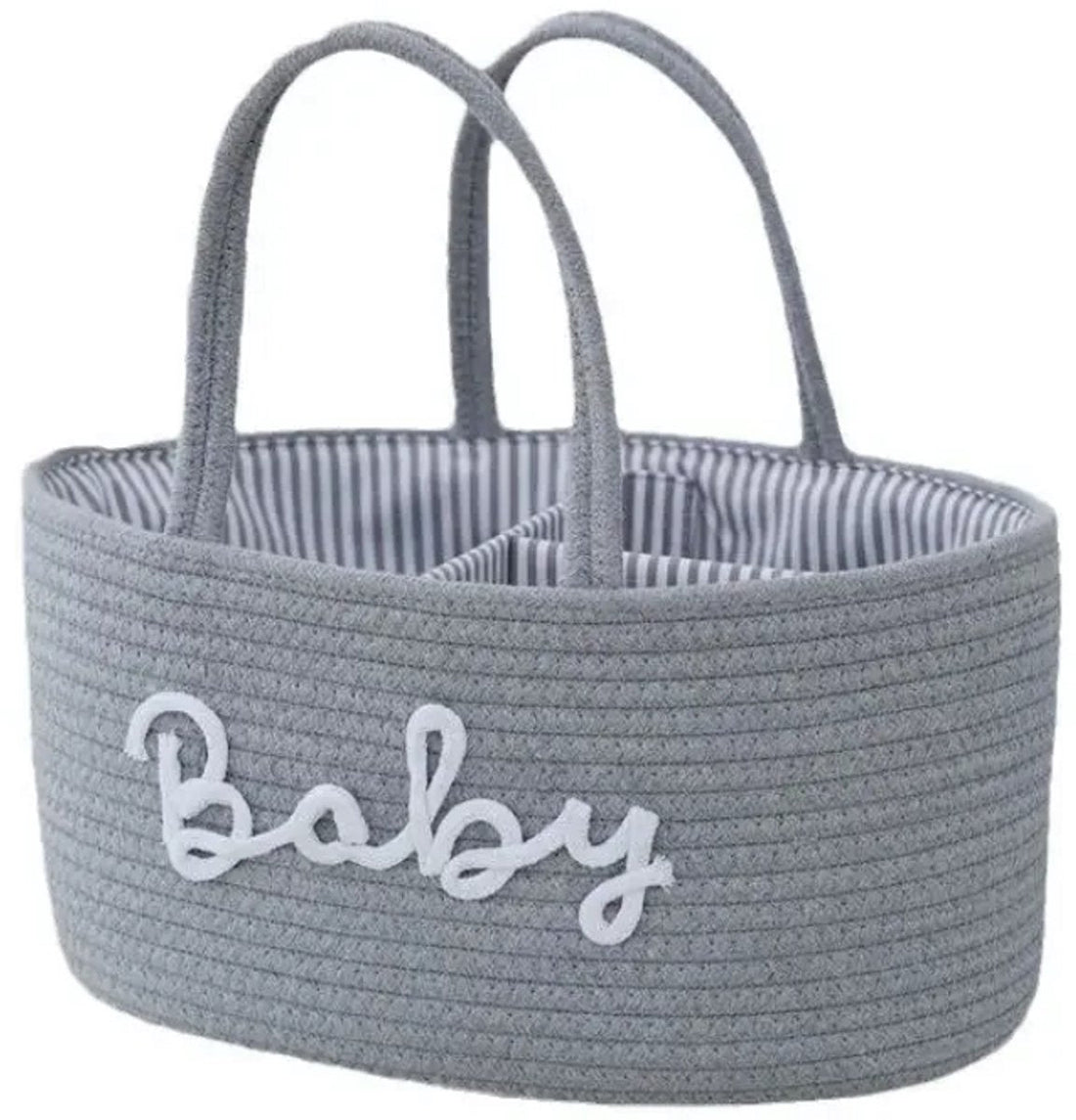 Baby Windelkorb für die Wickelkommode – Aufbewahrungskorb mit 3 Fächern & Griffen – Grau mit weißen Buchstaben Baby – Organizer für Windeln, Tücher und Zubehör – Wickeltasche Wickeltisch Organizer – Baby Organizer