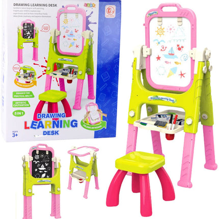 Tableau d'apprentissage 5-en-1 avec chaise - Table de dessin pour enfants avec tableau blanc et tableau noir - Tableau d'écriture réglable avec compartiment de rangement - Jouet éducatif pour le dessin et l'écriture - Tabouret inclus - Chaise