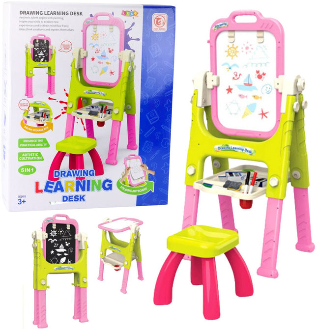 Tableau d'apprentissage 5-en-1 avec chaise - Table de dessin pour enfants avec tableau blanc et tableau noir - Tableau d'écriture réglable avec compartiment de rangement - Jouet éducatif pour le dessin et l'écriture - Tabouret inclus - Chaise