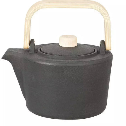 Kinghoff Théière en Fonte avec Filtre - 1,3 Litre, Noir, Poignée et Bouton de Couvercle en Bois, Filtre en Acier Inoxydable de Haute Qualité, Design Traditionnel
