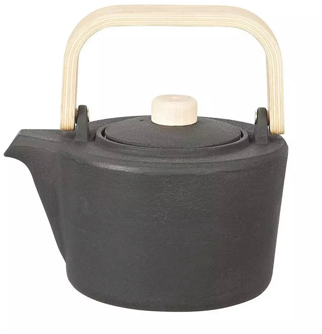Kinghoff Théière en Fonte avec Filtre - 1,3 Litre, Noir, Poignée et Bouton de Couvercle en Bois, Filtre en Acier Inoxydable de Haute Qualité, Design Traditionnel