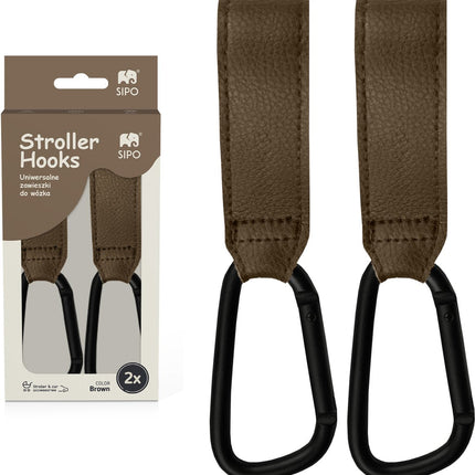 Sipo SCA-11 Crochets de Poussette Universels - Lot de 2 - Design Cuir Écologique Marron - Supporte jusqu'à 5 kg - Crochet de Poussette pour Sacs de Courses -