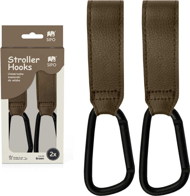 Sipo SCA-11 Crochets de Poussette Universels - Lot de 2 - Design Cuir Écologique Marron - Supporte jusqu'à 5 kg - Crochet de Poussette pour Sacs de Courses -