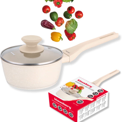 Klausberg KB-7987 Casserole 16 cm – 1.2 Litre – Revêtement antiadhésif en marbre – Compatible induction – Avec couvercle en verre – Crème