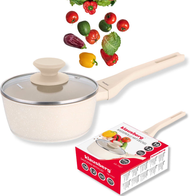 Klausberg KB-7987 Casserole 16 cm – 1.2 Litre – Revêtement antiadhésif en marbre – Compatible induction – Avec couvercle en verre – Crème