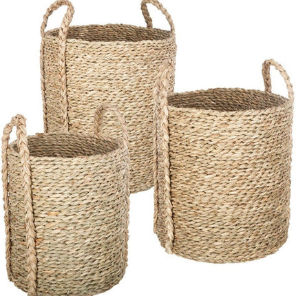 Paniers décoratifs ronds et hauts avec poignées en osier, lot de 3