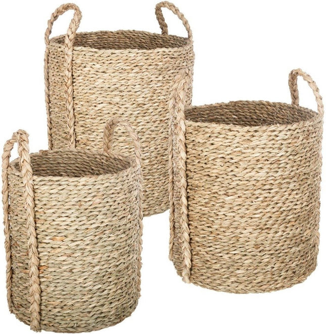 Paniers décoratifs ronds et hauts avec poignées en osier, lot de 3