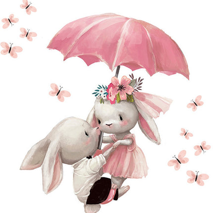 Sticker mural Lapins avec parapluie - Décoration murale autocollante pour chambre d'enfant - 64x62 cm - Adorable autocollant Lapins pour chambre de fille et chambre de bébé - Sticker mural