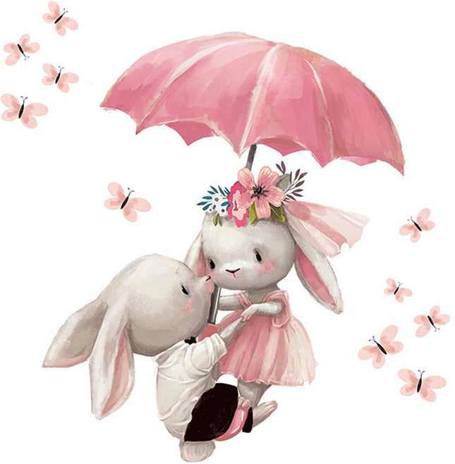 Sticker mural Lapins avec parapluie - Décoration murale autocollante pour chambre d'enfant - 64x62 cm - Adorable autocollant Lapins pour chambre de fille et chambre de bébé - Sticker mural