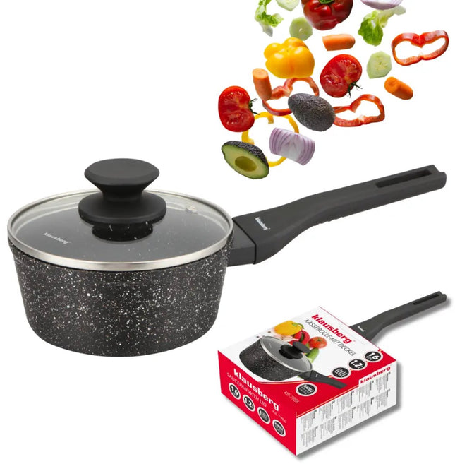 Klausberg KB-7986 Casserole en Marbre 16 cm avec Couvercle en Verre – Antiadhésive, Compatible Induction, 1.2 Litres