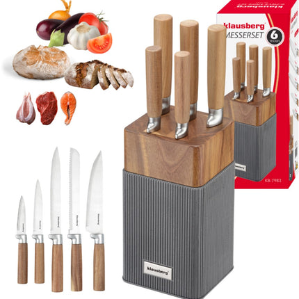 Klausberg KB-7983 Ensemble de 6 couteaux - 5 couteaux avec bloc en bois d'acacia - Couteaux de cuisine en acier inoxydable noir - y compris couteau à pain, couteau à découper, couteau de chef, couteau d'office et bloc à couteaux