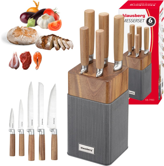 Klausberg KB-7983 Ensemble de 6 couteaux - 5 couteaux avec bloc en bois d'acacia - Couteaux de cuisine en acier inoxydable noir - y compris couteau à pain, couteau à découper, couteau de chef, couteau d'office et bloc à couteaux