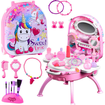 Coiffeuse 2-en-1 Licorne - Valise de Rangement avec Miroir et Accessoires - Table de Maquillage pour Filles - Set de Beauté avec Poignée et Roulettes - Coiffeuse - Table de Beauté Portable
