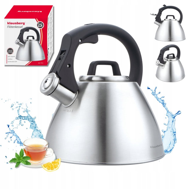KLAUSBERG KB-7951 Bouilloire 2,5 L – Inox – Poignée Soft-Touch – Induction – Argent