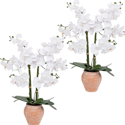 Atmosphera Orchidee bloemen kunstplant in sierlijke terracotta bloempot - 2x - witte bloemen - H65 cm