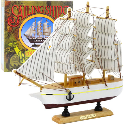 Bateau à voile trois-mâts Modèle de collectionneurs Blanc - Modèle de bateau décoratif en bois sur socle - Modélisme - 24x23cm - Bois - Voilier - Trois-mâts - Maquette de bateau - Bateau