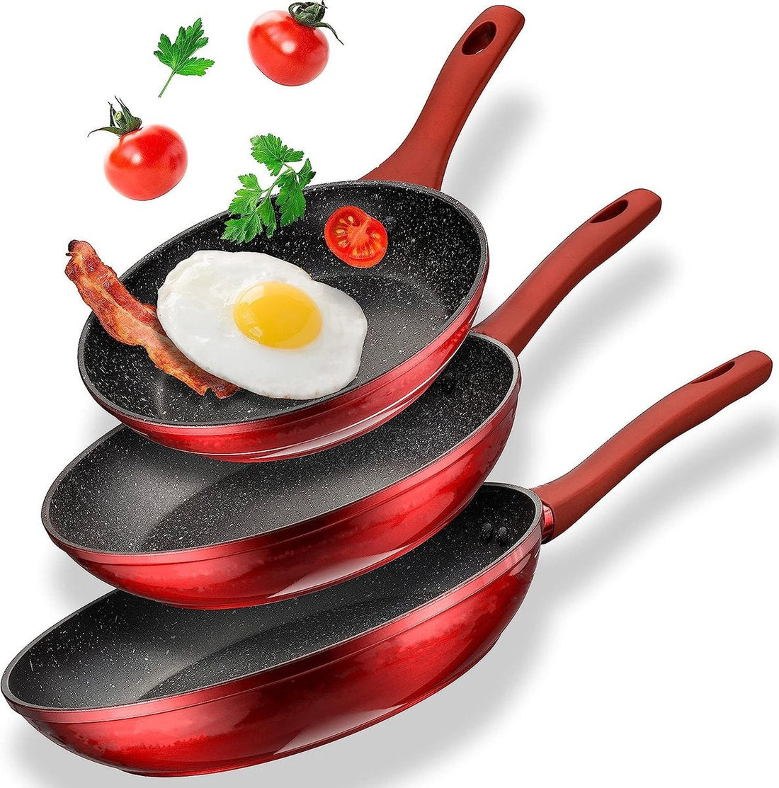 Royalty Line® FM3 Induction Pan Set - 3-Piece Frying Pan Set Ø 20/24/28 cm - Frying Pan for All Heat Sources - Pans with Non-Stick Coating - Red