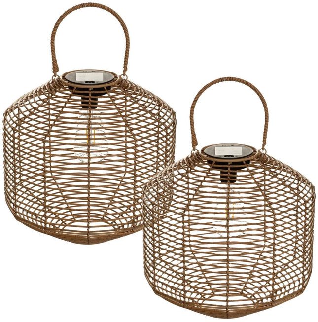 Atmosphera Lanterne solaire de jardin - 2x - naturel - rotin synthétique - 30 x 30 cm - extérieur - lumière LED