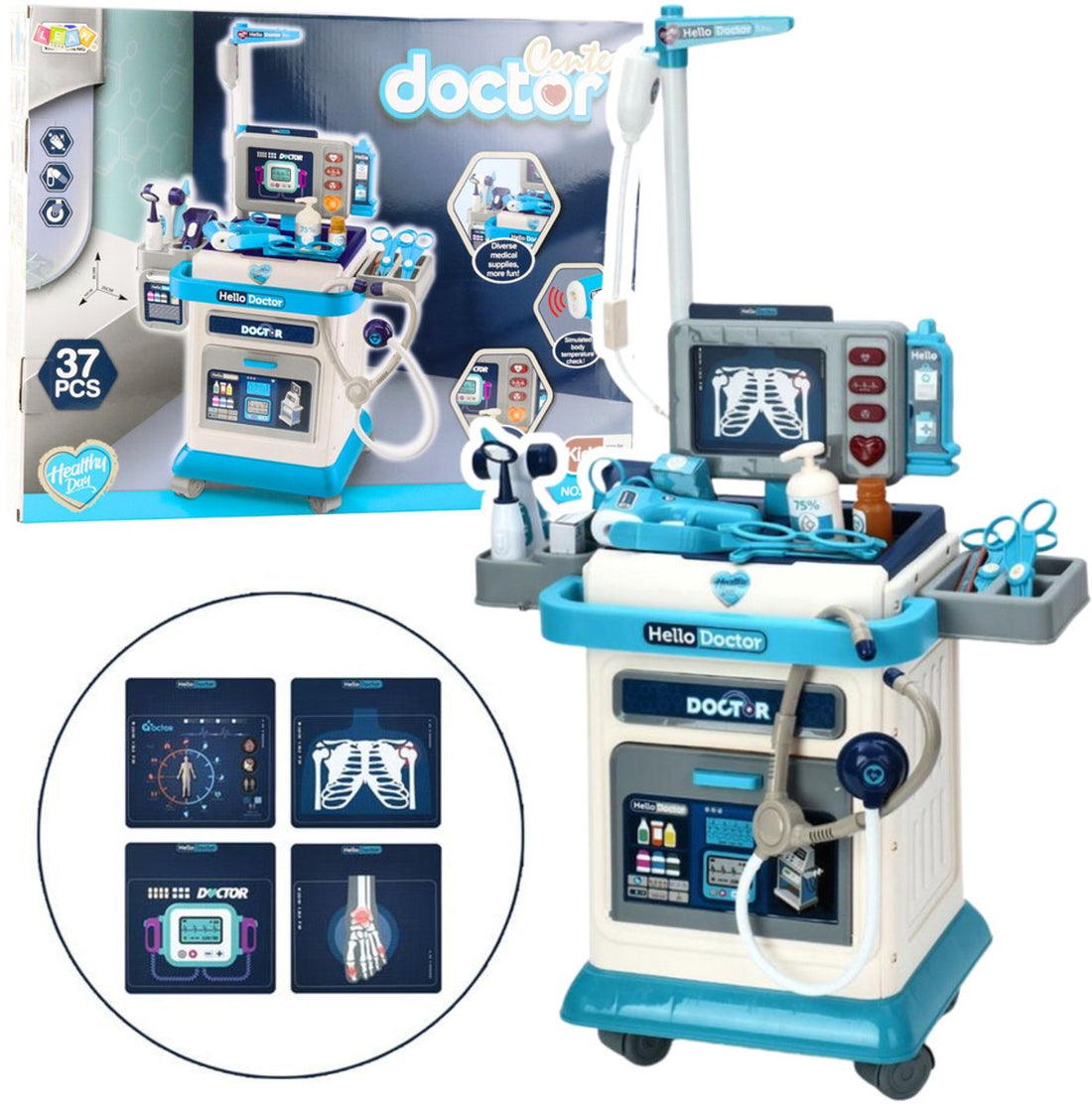 Doctor Set 37 Pieces - Medical Cart for Kids with Light and Sound - Large Doctor's Bag Role Play Toy - Complete Hospital Playset - Doctor Kit - Children's Toy - Doctor's Table - Physician's Table