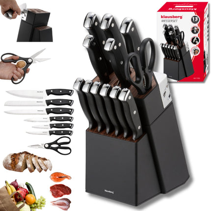 Klausberg KB-7985 Ensemble de Couteaux 13 Pièces - Bloc de Couteaux Noir avec Fusil d'Aiguisage - 6 Couteaux à Steak Inclus - Ensemble de Couteaux avec Bloc - Comprend Couteau à Pain, Couteau de Chef, Couteaux à Viande et Ciseaux