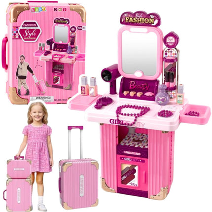 Coiffeuse Jouet sur Roulettes 2 en 1 Valise - Avec Lumière et Son - Jeu de Cosmétiques pour Filles - Rose - Table de Maquillage - Set de Maquillage