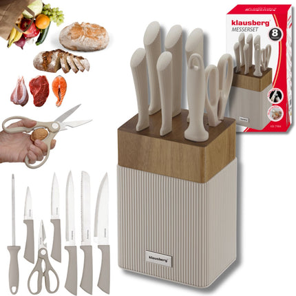 Klausberg KB-7984 Ensemble de 8 couteaux - Bloc de couteaux en bois d'acacia - Acier inoxydable avec fusil à aiguiser inclus - Couteau à pain - Couteau de chef - Couteau à découper -