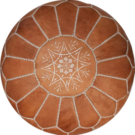 Pouf marocain en cuir – Fait main et livré garni – Ø 55 cm – Marron (Naturel Tan) – Multifonctionnel comme repose-pieds, table d'appoint ou pouf