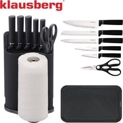 Klausberg KB-7977 Set de cuisine 8 pièces - Ensemble de couteaux avec planche à découper et porte-rouleau essuie-tout - Acier inoxydable noir - Bloc de couteaux - Couteau de chef, couteau à pain, planche à découper, set de cuisine, etc.