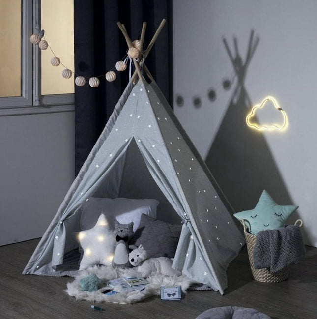 Atmosphera Kids Tipi Tipi Wigwam - Bleu avec étoiles grises et argentées - Tente de jeu - Hauteur 160 cm - Coton