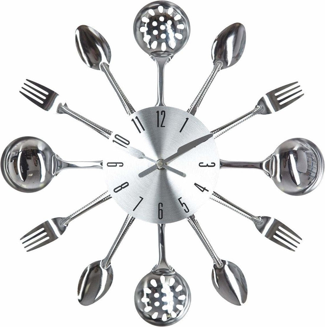 Zilveren keukenklok Cutlery met vork en mes als wijzers – 38 cm