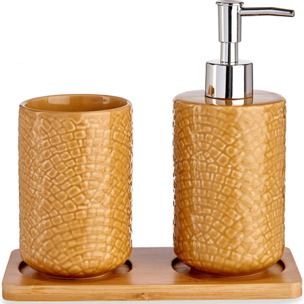 Set d'accessoires de salle de bain 3 pièces camel marron relief en céramique - Distributeur de savon - Gobelet - Plateau